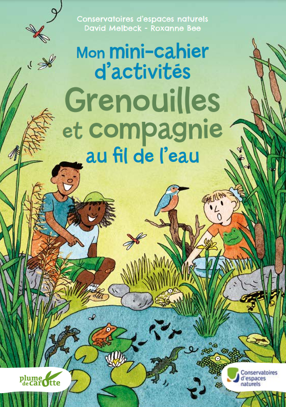 Couverture du livre "Mon mini-cahier d'activités Grenouilles et compagnie au fil de l'eau". Trois enfants observent une mare remplie de têtards, de grenouilles, de tritons et d'un martin-pêcheur.